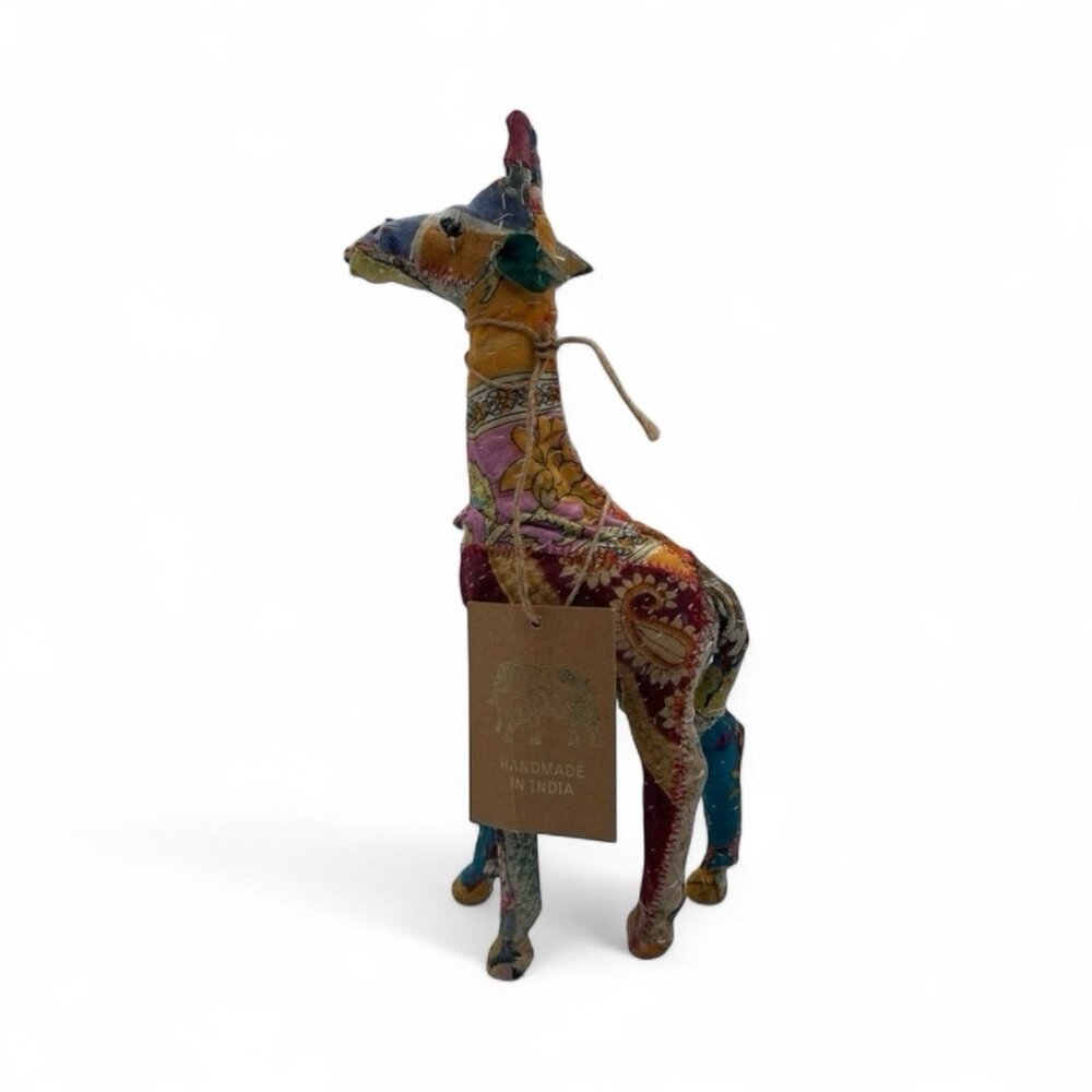 Handmade Indian Sari Fabric Wrapped Giraffe Figurine ‘14 Boho Folk Art Sculpture